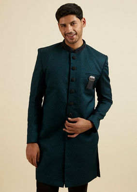 alt message - Manyavar Men Teal Green Jaal Patterned Achkan Style Indo Western Set image number 0